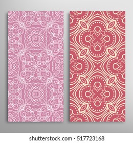 Vertical seamless patterns set, floral geometric lace texture for Wedding, Bridal, Valentine's day, greeting cards or Birthday Invitations. Decorative seamless backgrounds, tribal ethnic ornament