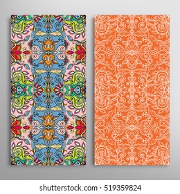 Vertical seamless patterns set, floral geometric lace texture for Wedding, Bridal, Valentine's day, greeting cards or Birthday Invitations. Decorative seamless backgrounds, tribal ethnic ornament