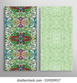 Vertical seamless patterns set, floral geometric lace texture for Wedding, Bridal, Valentine's day, greeting cards or Birthday Invitations. Decorative seamless backgrounds, tribal ethnic ornament