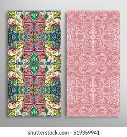 Vertical seamless patterns set, floral geometric lace texture for Wedding, Bridal, Valentine's day, greeting cards or Birthday Invitations. Decorative seamless backgrounds, tribal ethnic ornament