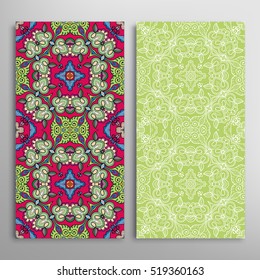 Vertical seamless patterns set, floral geometric lace texture for Wedding, Bridal, Valentine's day, greeting cards or Birthday Invitations. Decorative seamless backgrounds, tribal ethnic ornament