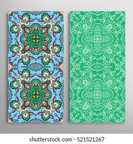 Vertical seamless patterns set, floral geometric lace texture for Wedding, Bridal, Valentine's day, greeting cards or Birthday Invitations. Decorative seamless backgrounds, tribal ethnic ornament