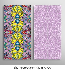 Vertical seamless patterns set, floral geometric lace texture for Wedding, Bridal, Valentine's day, greeting cards or Birthday Invitations. Decorative seamless backgrounds, tribal ethnic ornament