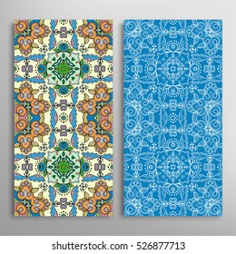 Vertical seamless patterns set, floral geometric lace texture for Wedding, Bridal, Valentine's day, greeting cards or Birthday Invitations. Decorative seamless backgrounds, tribal ethnic ornament