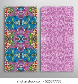 Vertical seamless patterns set, floral geometric lace texture for Wedding, Bridal, Valentine's day, greeting cards or Birthday Invitations. Decorative seamless backgrounds, tribal ethnic ornament