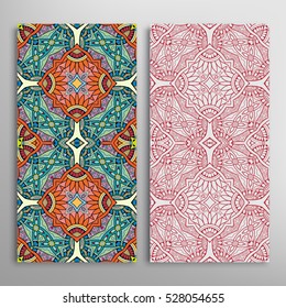 Vertical seamless patterns set, floral geometric lace texture for Wedding, Bridal, Valentine's day, greeting cards or Birthday Invitations. Decorative seamless backgrounds, tribal ethnic ornament