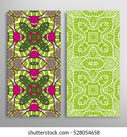 Vertical seamless patterns set, floral geometric lace texture for Wedding, Bridal, Valentine's day, greeting cards or Birthday Invitations. Decorative seamless backgrounds, tribal ethnic ornament