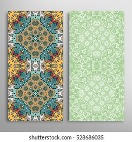 Vertical seamless patterns set, floral geometric lace texture for Wedding, Bridal, Valentine's day, greeting cards or Birthday Invitations. Decorative seamless backgrounds, tribal ethnic ornament