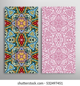 Vertical seamless patterns set, floral geometric lace texture for Wedding, Bridal, Valentine's day, greeting cards or Birthday Invitations. Decorative seamless backgrounds, tribal ethnic ornament