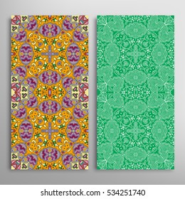 Vertical seamless patterns set, floral geometric lace texture for Wedding, Bridal, Valentine's day, greeting cards or Birthday Invitations. Decorative seamless backgrounds, tribal ethnic ornament