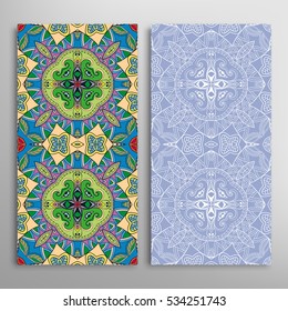 Vertical seamless patterns set, floral geometric lace texture for Wedding, Bridal, Valentine's day, greeting cards or Birthday Invitations. Decorative seamless backgrounds, tribal ethnic ornament
