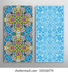 Vertical seamless patterns set, floral geometric lace texture for Wedding, Valentine's day, greeting cards or Birthday Invitations. Decorative seamless backgrounds. Ethnic ornament, border pattern