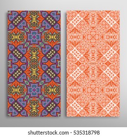 Vertical seamless patterns set, floral geometric lace texture for Wedding, Valentine's day, greeting cards or Birthday Invitations. Decorative seamless backgrounds. Ethnic ornament, border pattern