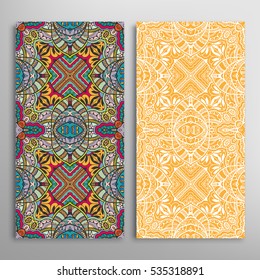 Vertical seamless patterns set, floral geometric lace texture for Wedding, Valentine's day, greeting cards or Birthday Invitations. Decorative seamless backgrounds. Ethnic ornament, border pattern