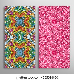 Vertical seamless patterns set, floral geometric lace texture for Wedding, Valentine's day, greeting cards or Birthday Invitations. Decorative seamless backgrounds. Ethnic ornament, border pattern