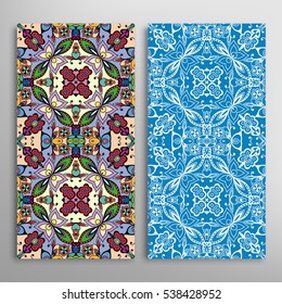 Vertical seamless patterns set, floral geometric lace texture for Wedding, Valentine's day, greeting cards or Birthday Invitations. Decorative seamless backgrounds. Ethnic ornament, border pattern
