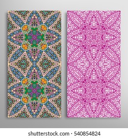 Vertical seamless patterns set, floral geometric lace texture for Wedding, Valentine's day, greeting cards or Birthday Invitations. Decorative seamless backgrounds. Ethnic ornament, border pattern