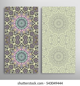 Vertical seamless patterns set, floral geometric lace texture for Wedding, Valentine's day, greeting cards or Birthday Invitations. Decorative seamless backgrounds. Ethnic ornament, border pattern