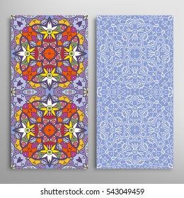 Vertical seamless patterns set, floral geometric lace texture for Wedding, Valentine's day, greeting cards or Birthday Invitations. Decorative seamless backgrounds. Ethnic ornament, border pattern