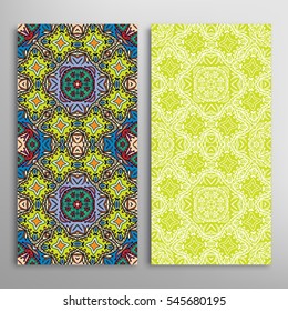 Vertical seamless patterns set, floral geometric lace texture for Wedding, Valentine's day, greeting cards or Birthday Invitations. Decorative seamless backgrounds. Ethnic ornament, border pattern