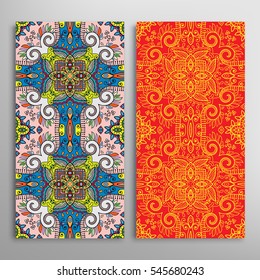 Vertical seamless patterns set, floral geometric lace texture for Wedding, Valentine's day, greeting cards or Birthday Invitations. Decorative seamless backgrounds. Ethnic ornament, border pattern