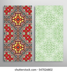 Vertical seamless patterns set, floral geometric lace texture for Wedding, Valentine's day, greeting cards or Birthday Invitations. Decorative seamless backgrounds. Ethnic ornament, border pattern
