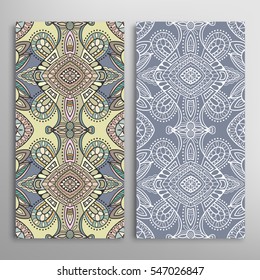 Vertical seamless patterns set, floral geometric lace texture for Wedding, Valentine's day, greeting cards or Birthday Invitations. Decorative seamless backgrounds. Ethnic ornament, border pattern