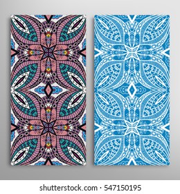 Vertical seamless patterns set, floral geometric lace texture for Wedding, Valentine's day, greeting cards or Birthday Invitations. Decorative seamless backgrounds. Ethnic ornament, border pattern