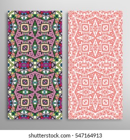 Vertical seamless patterns set, floral geometric lace texture for Wedding, Valentine's day, greeting cards or Birthday Invitations. Decorative seamless backgrounds. Ethnic ornament, border pattern