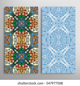 Vertical seamless patterns set, floral geometric lace texture for Wedding, Valentine's day, greeting cards or Birthday Invitations. Decorative seamless backgrounds. Ethnic ornament, border pattern