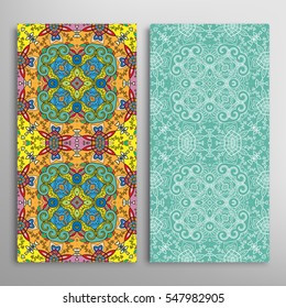 Vertical seamless patterns set, floral geometric lace texture for Wedding, Valentine's day, greeting cards or Birthday Invitations. Decorative seamless backgrounds. Ethnic ornament, border pattern