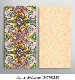 Vertical seamless patterns set, floral geometric lace texture for Wedding, Valentine's day, greeting cards or Birthday Invitations. Decorative seamless backgrounds. Ethnic ornament, border pattern