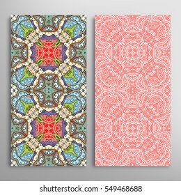 Vertical seamless patterns set, floral geometric lace texture for Wedding, Valentine's day, greeting cards or Birthday Invitations. Decorative seamless backgrounds. Ethnic ornament, border pattern