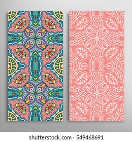 Vertical seamless patterns set, floral geometric lace texture for Wedding, Valentine's day, greeting cards or Birthday Invitations. Decorative seamless backgrounds. Ethnic ornament, border pattern