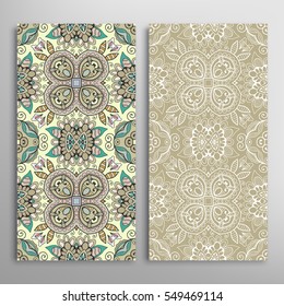 Vertical seamless patterns set, floral geometric lace texture for Wedding, Valentine's day, greeting cards or Birthday Invitations. Decorative seamless backgrounds. Ethnic ornament, border pattern