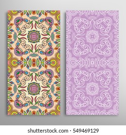 Vertical seamless patterns set, floral geometric lace texture for Wedding, Valentine's day, greeting cards or Birthday Invitations. Decorative seamless backgrounds. Ethnic ornament, border pattern