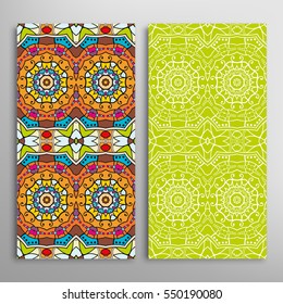 Vertical seamless patterns set, floral geometric lace texture for Wedding, Valentine's day, greeting cards or Birthday Invitations. Decorative seamless backgrounds. Ethnic ornament, border pattern