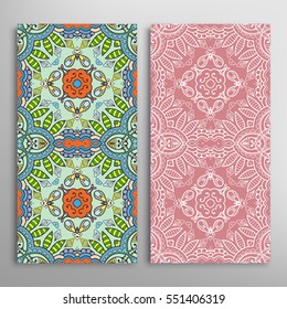 Vertical seamless patterns set, floral geometric lace texture for Wedding, Valentine's day, greeting cards or Birthday Invitations. Decorative seamless backgrounds. Ethnic ornament, border pattern