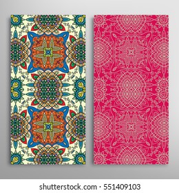 Vertical seamless patterns set, floral geometric lace texture for Wedding, Valentine's day, greeting cards or Birthday Invitations. Decorative seamless backgrounds. Ethnic ornament, border pattern