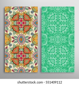 Vertical seamless patterns set, floral geometric lace texture for Wedding, Valentine's day, greeting cards or Birthday Invitations. Decorative seamless backgrounds. Ethnic ornament, border pattern