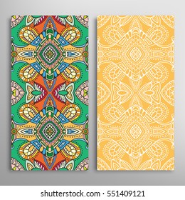 Vertical seamless patterns set, floral geometric lace texture for Wedding, Valentine's day, greeting cards or Birthday Invitations. Decorative seamless backgrounds. Ethnic ornament, border pattern