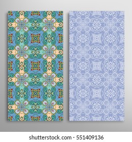 Vertical seamless patterns set, floral geometric lace texture for Wedding, Valentine's day, greeting cards or Birthday Invitations. Decorative seamless backgrounds. Ethnic ornament, border pattern