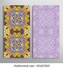Vertical seamless patterns set, floral geometric lace texture for Wedding, Valentine's day, greeting cards or Birthday Invitations. Decorative seamless backgrounds. Ethnic ornament, border pattern