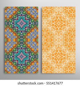 Vertical seamless patterns set, floral geometric lace texture for Wedding, Valentine's day, greeting cards or Birthday Invitations. Decorative seamless backgrounds. Ethnic ornament, border pattern