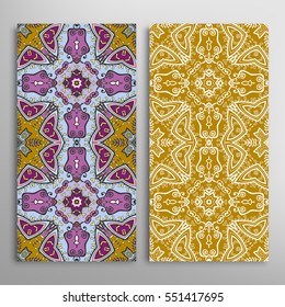 Vertical seamless patterns set, floral geometric lace texture for Wedding, Valentine's day, greeting cards or Birthday Invitations. Decorative seamless backgrounds. Ethnic ornament, border pattern