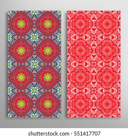 Vertical seamless patterns set, floral geometric lace texture for Wedding, Valentine's day, greeting cards or Birthday Invitations. Decorative seamless backgrounds. Ethnic ornament, border pattern