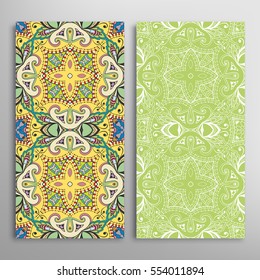 Vertical seamless patterns set, floral geometric lace texture for Wedding, Valentine's day, greeting cards or Birthday Invitations. Decorative seamless backgrounds. Ethnic ornament, border pattern