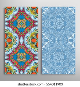 Vertical seamless patterns set, floral geometric lace texture for Wedding, Valentine's day, greeting cards or Birthday Invitations. Decorative seamless backgrounds. Ethnic ornament, border pattern