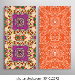 Vertical seamless patterns set, floral geometric lace texture for Wedding, Valentine's day, greeting cards or Birthday Invitations. Decorative seamless backgrounds. Ethnic ornament, border pattern
