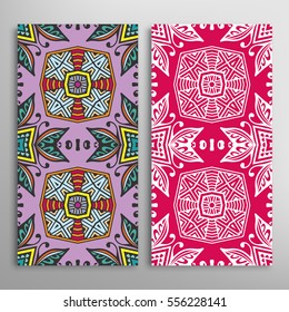 Vertical seamless patterns set, floral geometric lace texture for Wedding, Valentine's day, greeting cards or Birthday Invitations. Decorative seamless backgrounds. Ethnic ornament, border pattern